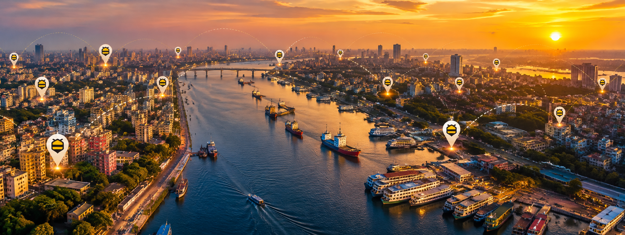 Aerial view of Dhaka along the Buriganga river at sunset, with Moumachi map pins over local businesses